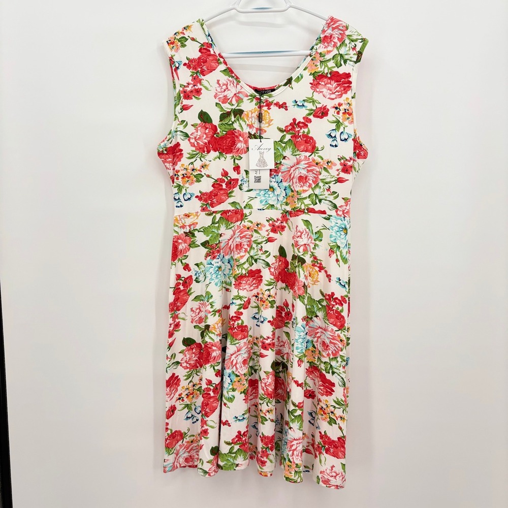 Acevog Floral Sleeveless Fit and Flare Dress White Red Pink Blue XXL New